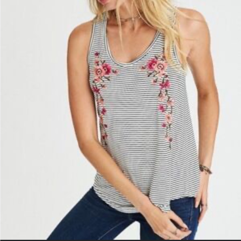 American Eagle Soft and sexy striped floral embroidered tank top - Large